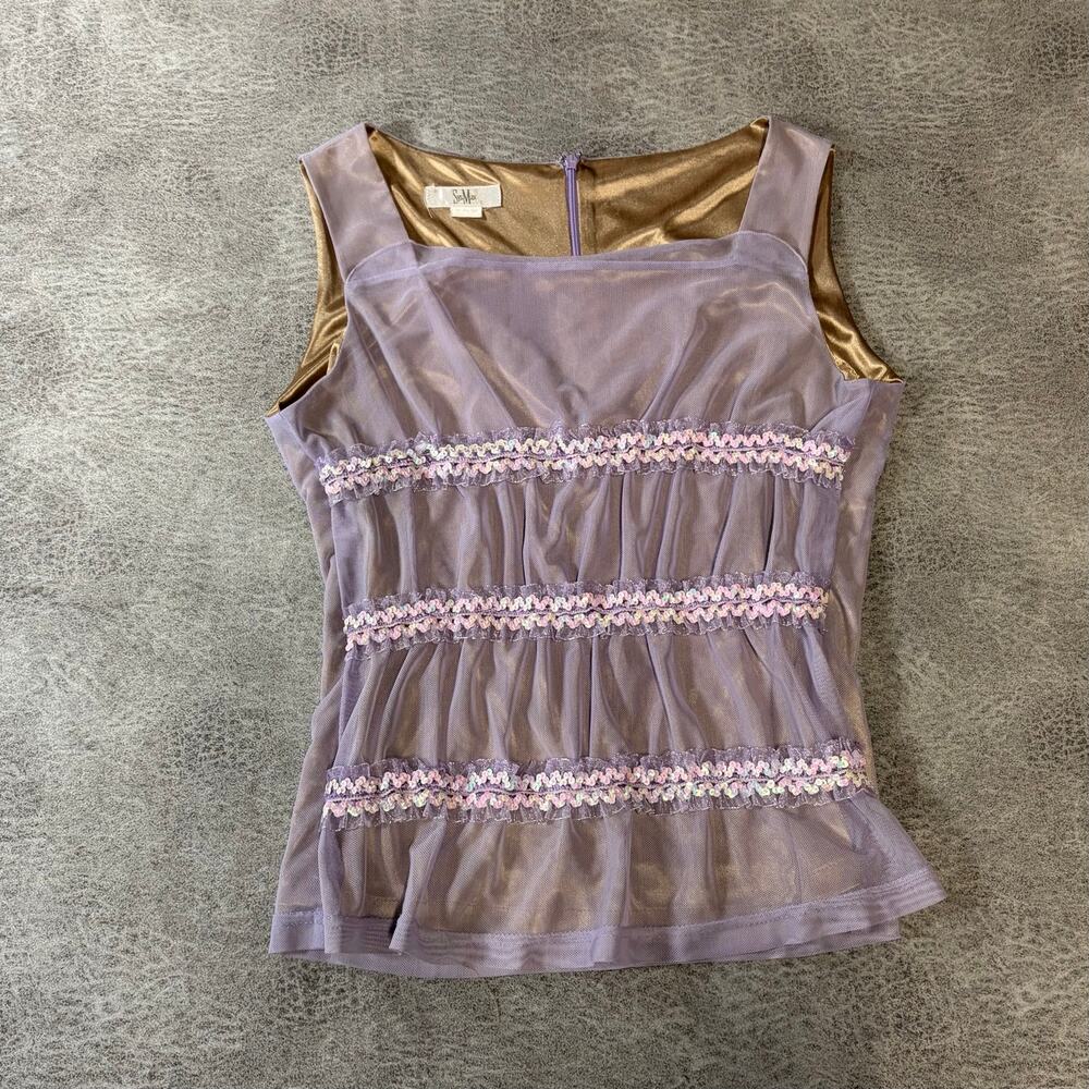 Lavender Mesh Ruched Sequin Sleeveless Blouse